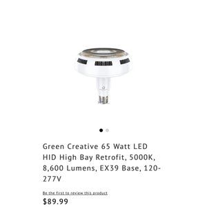 Green Creative 92185 8600 Lumens 65 Watt 5000 Kelvin LED Low Bay Retrofit E39